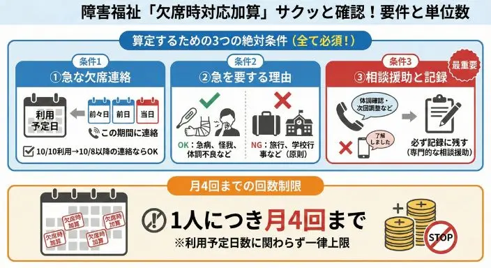 障害福祉の「欠席時対応加算」とは？要件と単位数をサクッと確認