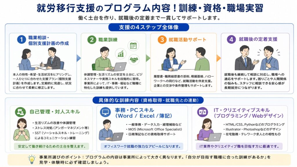 就労移行支援のプログラム内容！訓練・資格・職場実習