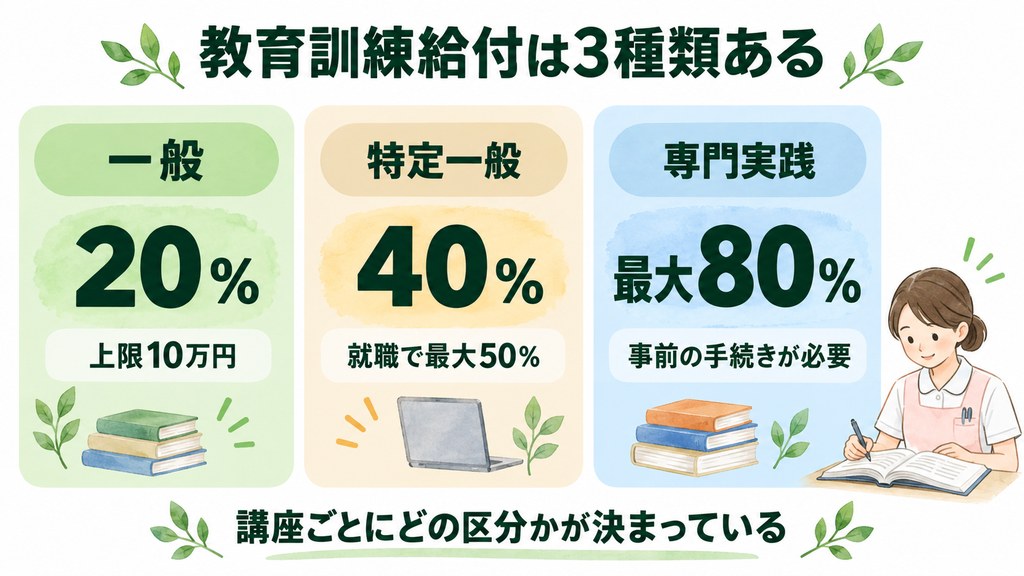 一般20%・特定一般40%・専門実践最大80%の教育訓練給付の違い