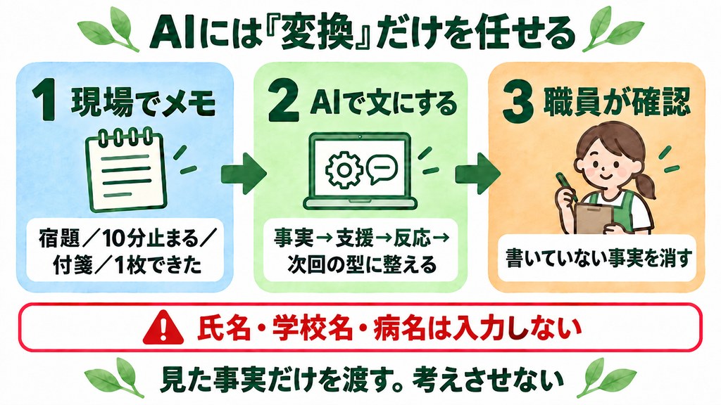AIには変換だけを任せる3ステップと個人情報を入力しない注意を示した図