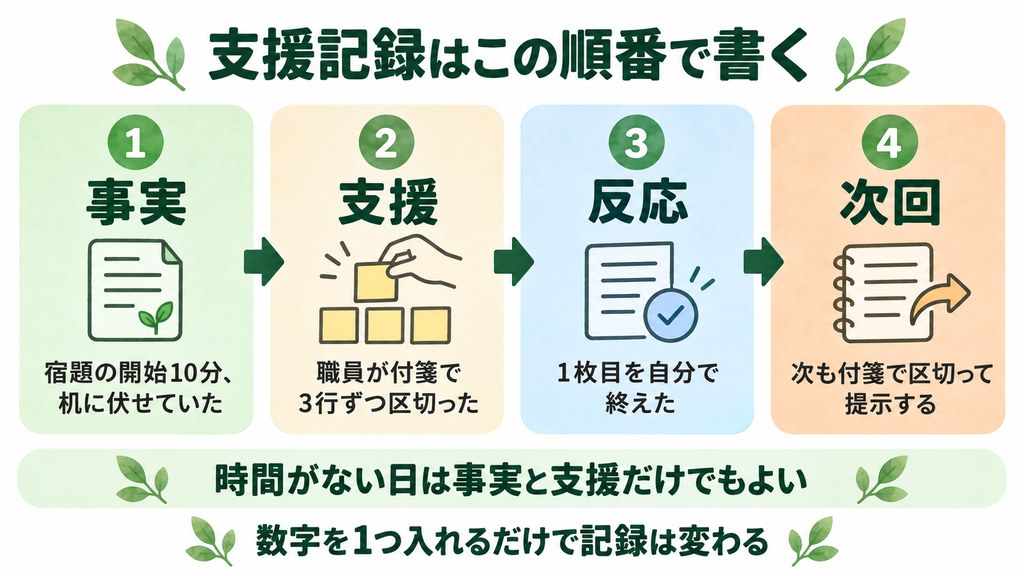 支援記録を事実・支援・反応・次回の4ステップで書く型を示した図