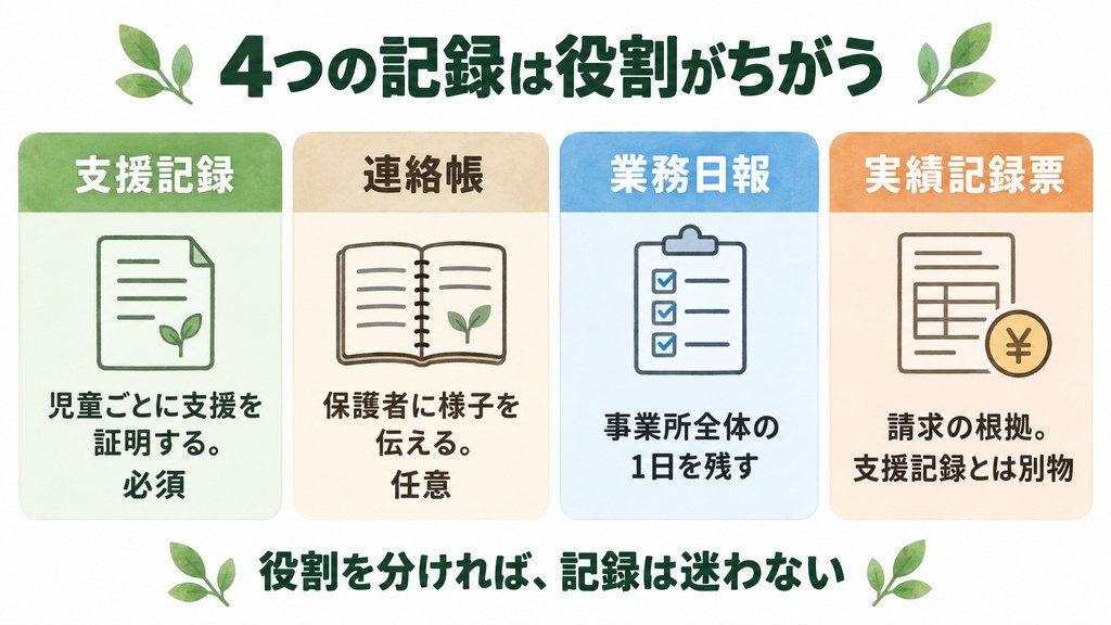 支援記録・連絡帳・業務日報・サービス提供実績記録票の4つの記録の役割の違いを示した図