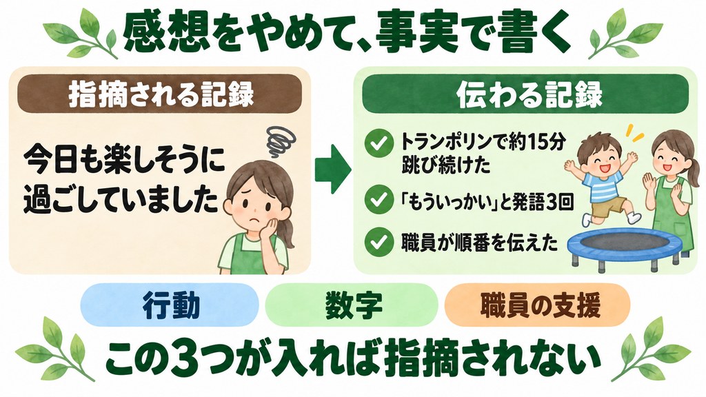 感想で書いた記録を事実で書き直した前後の比較を示した図