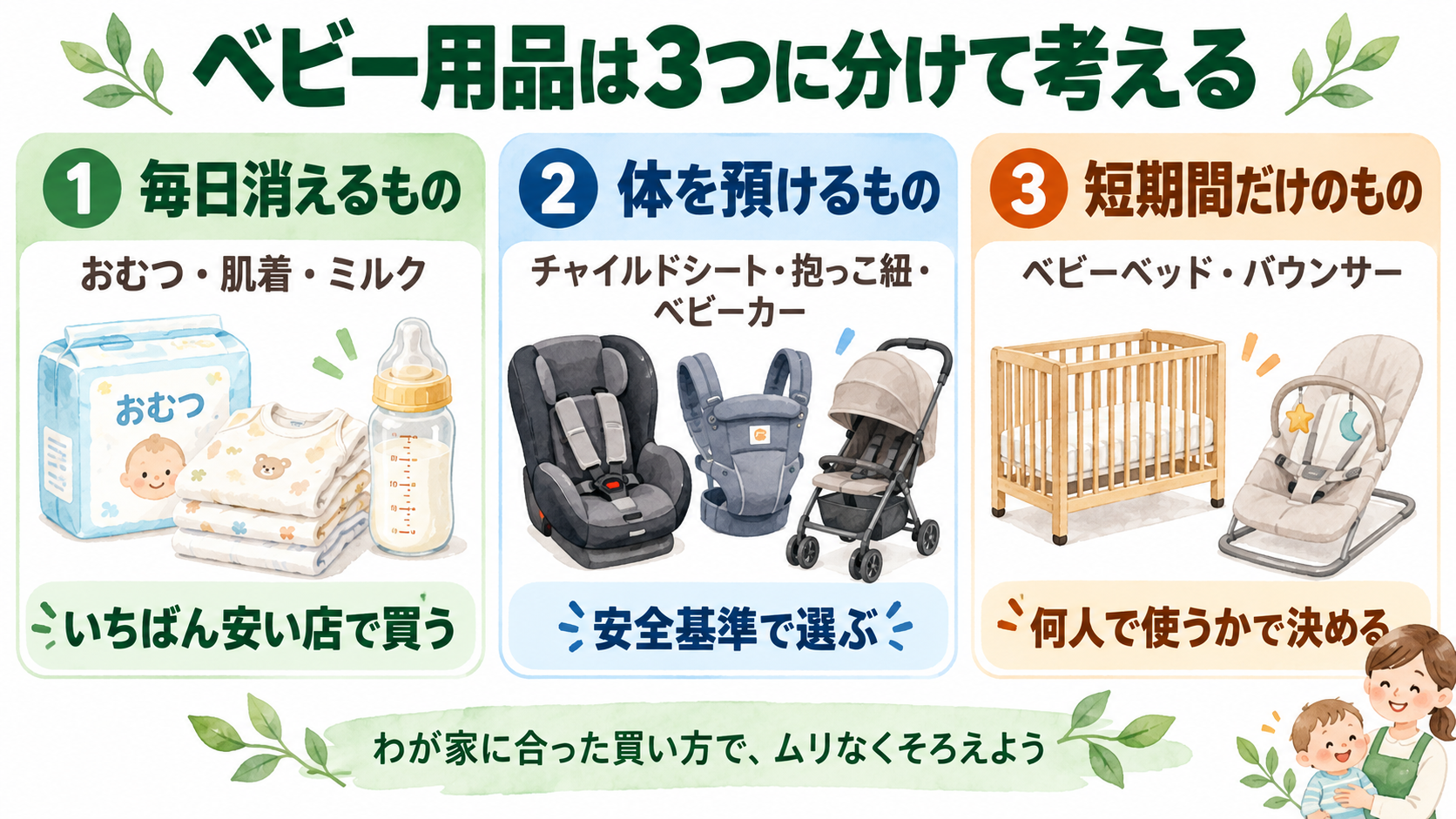 ベビー用品を毎日消えるもの・体を預けるもの・短期間だけのものの3つに分けて考える図