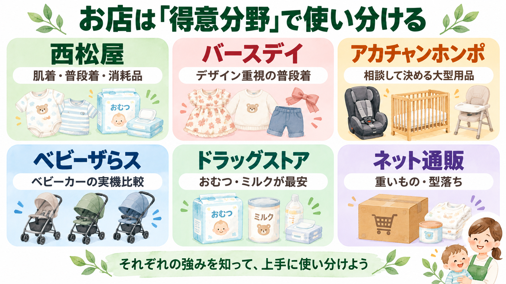 西松屋・バースデイ・アカチャンホンポ・ベビーザらス・ドラッグストア・ネット通販の得意分野の比較図