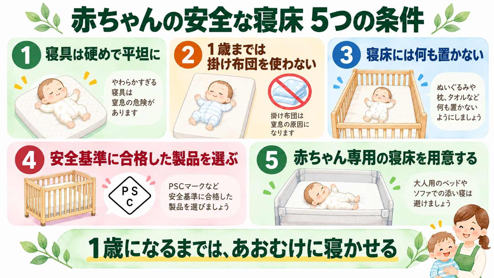 こども家庭庁が示す赤ちゃんの安全な寝床5つの条件