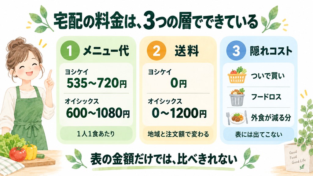 食材宅配の料金はメニュー代・送料・隠れコストの3つに分かれることを示した図解