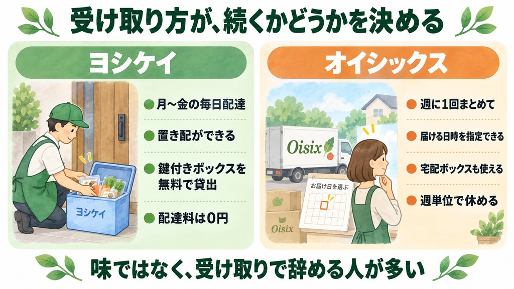 ヨシケイの毎日配達・置き配とオイシックスの週1回・日時指定を比較した図解