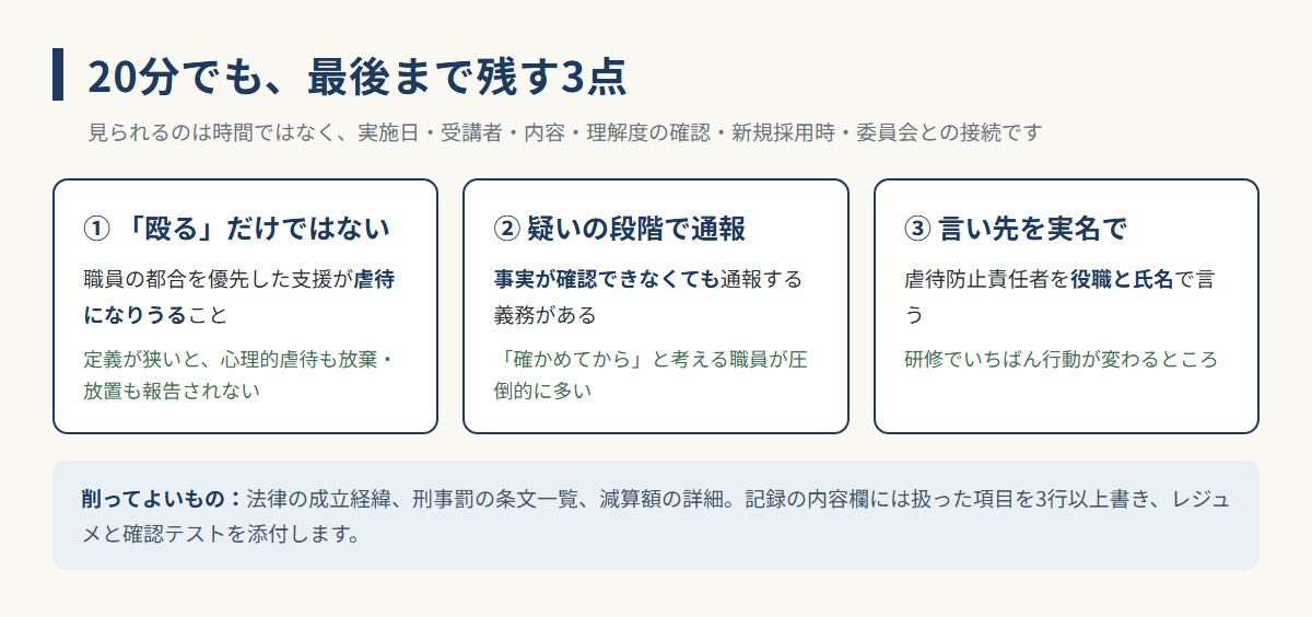 虐待防止研修を20分にしても最後まで残す3点（殴るだけではない・疑いの段階で通報・言い先を実名で）の図