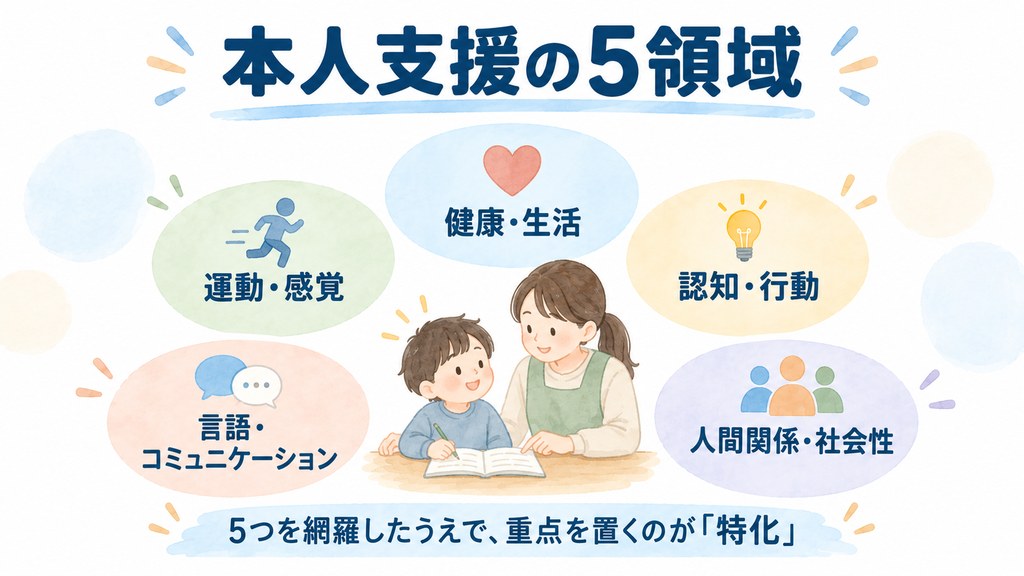 本人支援の5領域 健康・生活 運動・感覚 認知・行動 言語・コミュニケーション 人間関係・社会性