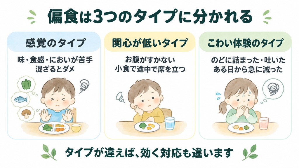 偏食の3タイプ(感覚のタイプ・関心が低いタイプ・こわい体験のタイプ)の比較