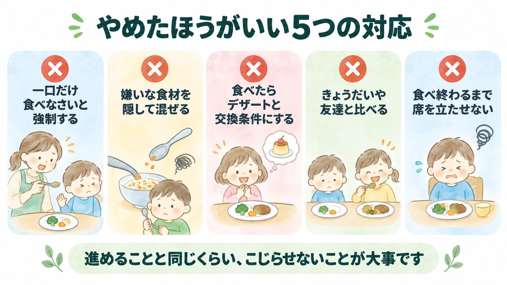 強制・隠して混ぜる・交換条件・比較・完食強要という逆効果になりやすい5つの対応