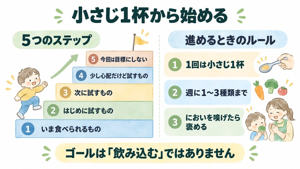 偏食対応の5つのステップと、小さじ1杯・週1〜3種類・においを嗅げたら褒めるというルール