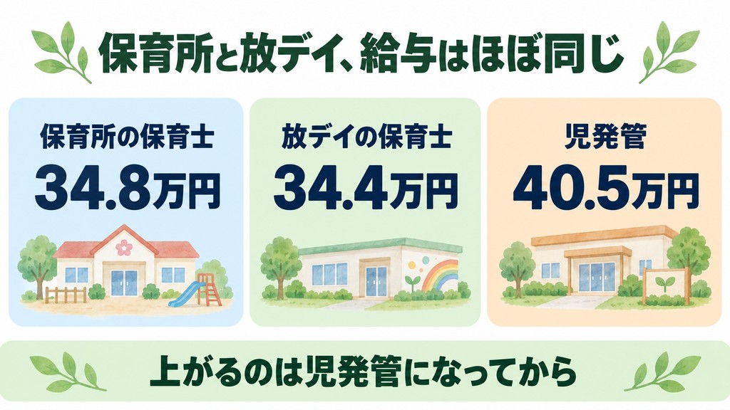 保育所の保育士34.8万円、放デイの保育士34.4万円、児発管40.5万円を並べて比較した図