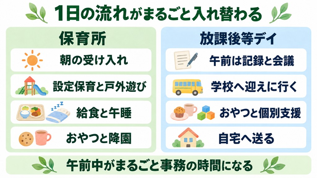 保育所と放課後等デイサービスの1日の流れを左右で対比した図