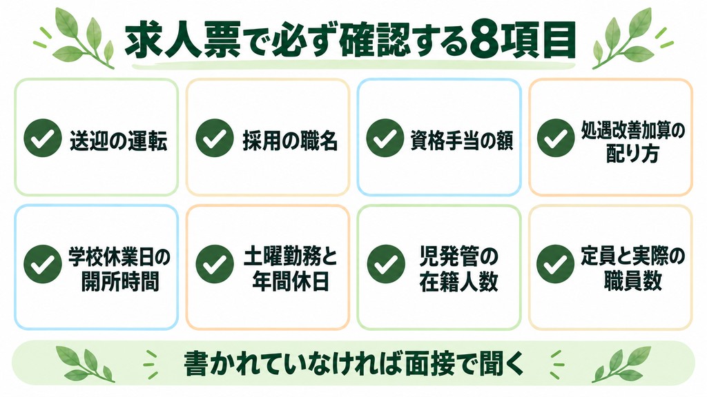 放デイ・児発の求人票で必ず確認する8項目のチェックリスト図