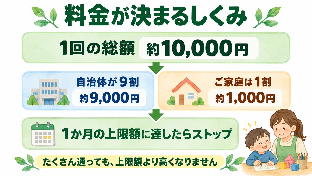 放課後等デイサービスの料金が決まるしくみ。1回の総額約10,000円のうち自治体が9割、ご家庭が1割を負担し、月の上限額に達したらストップする