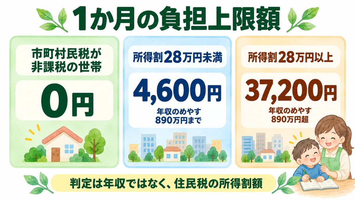 世帯区分別の1か月の負担上限額。非課税世帯は0円、所得割28万円未満は4,600円、28万円以上は37,200円