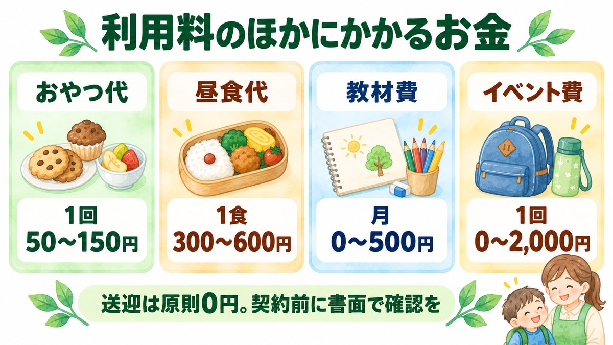 利用料のほかにかかる実費。おやつ代1回50〜150円、昼食代1食300〜600円、教材費月0〜500円、イベント費1回0〜2,000円