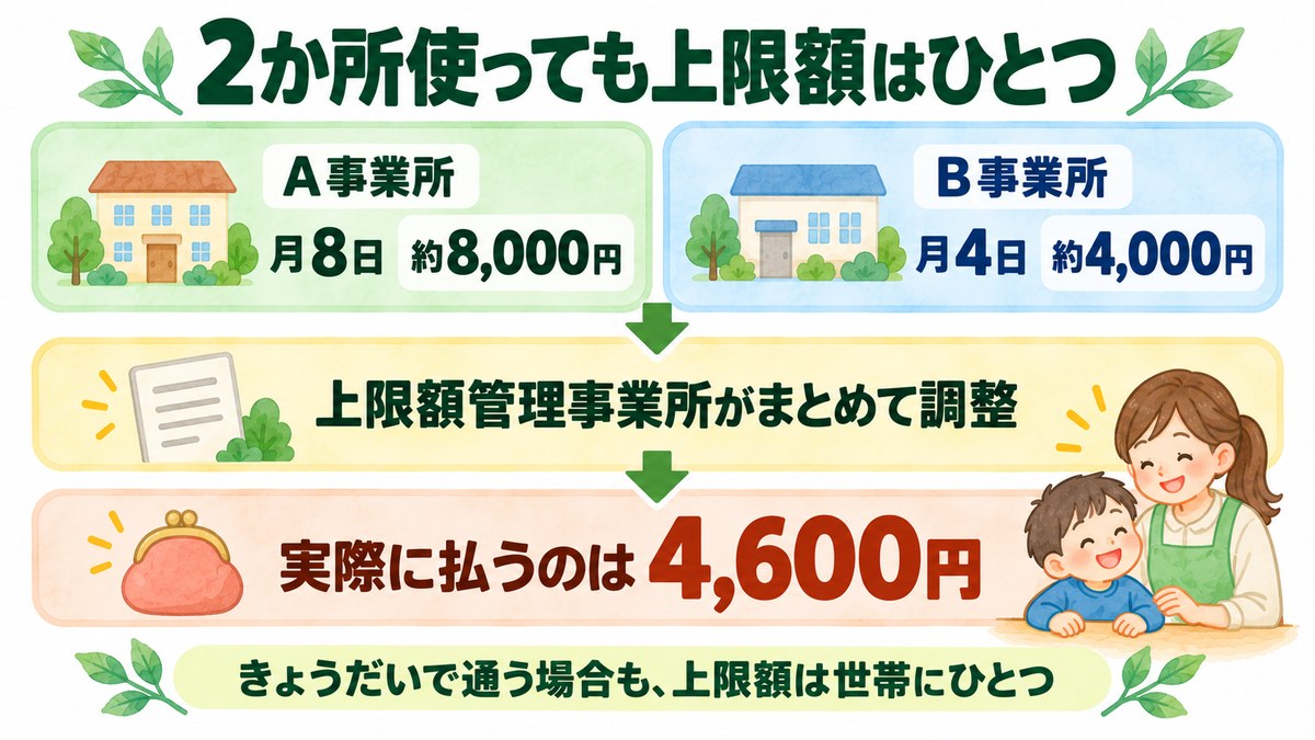 2か所の事業所を併用しても上限額管理により実際に払うのは4,600円