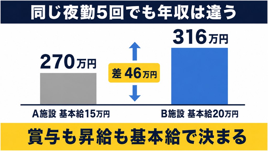 A施設とB施設の年収比較グラフ。年間46万円の差