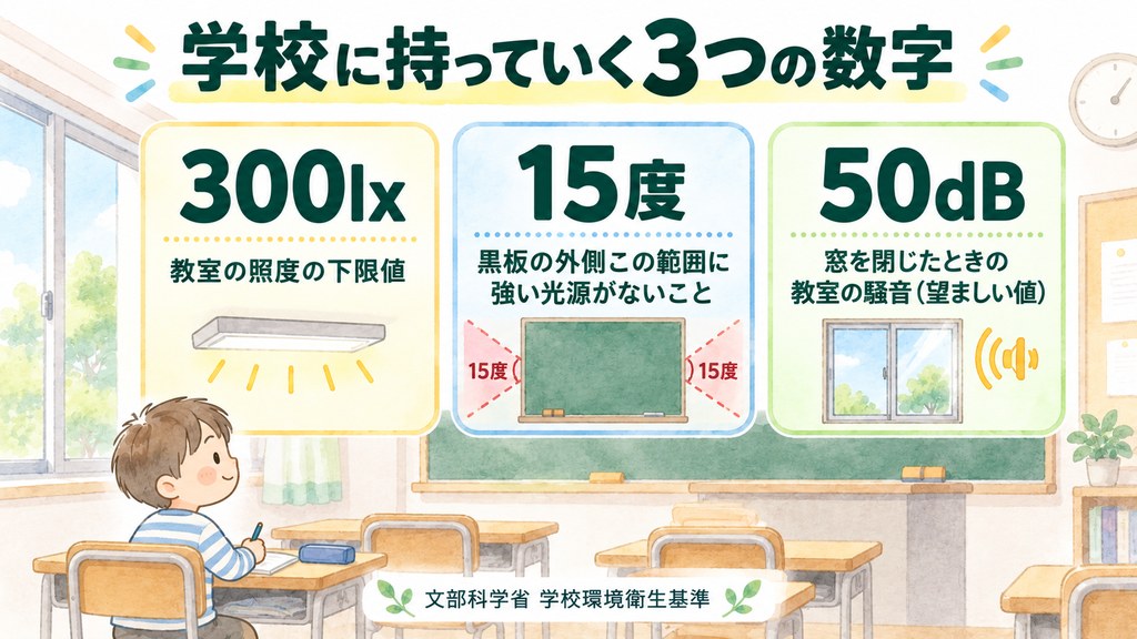 学校に持っていく3つの数字 照度300lx まぶしさ15度 騒音50dB