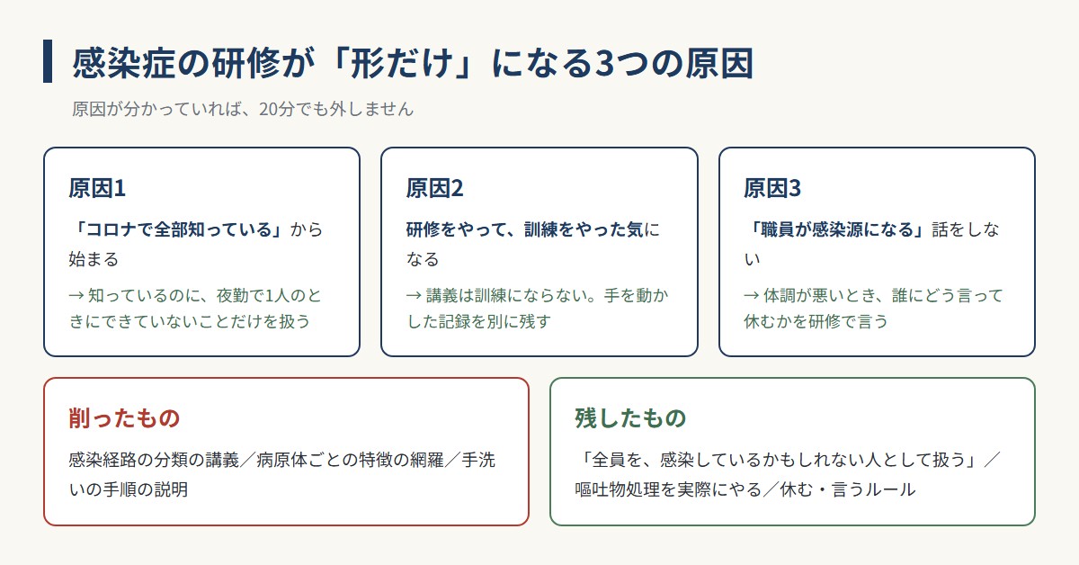 感染症の研修が形だけになる3つの原因と、研修で削ったもの・残したものの図