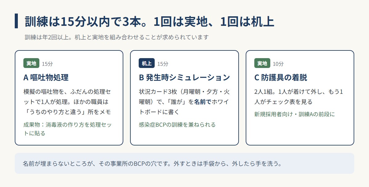 感染症対策の訓練3本（嘔吐物処理の実地・発生時シミュレーションの机上・防護具の着脱）の図