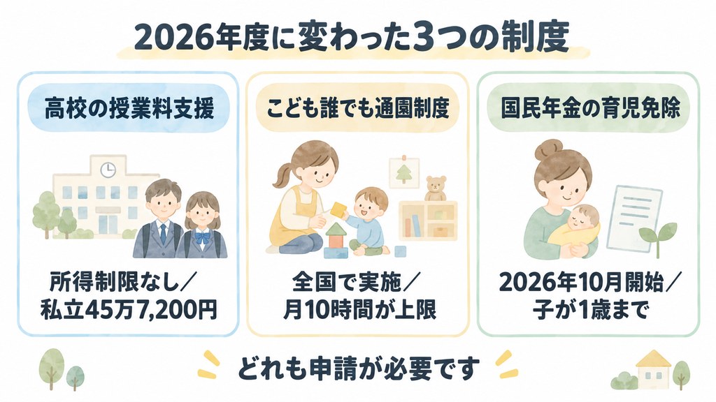 2026年度に変わった3つの制度（高校の授業料支援・こども誰でも通園制度・国民年金の育児免除）