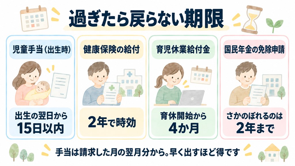 児童手当15日・健康保険2年・育児休業給付金4か月など、過ぎたら戻らない申請期限