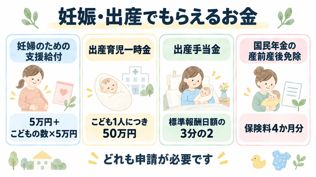 妊娠・出産でもらえるお金（妊婦のための支援給付・出産育児一時金・出産手当金・国民年金の産前産後免除）