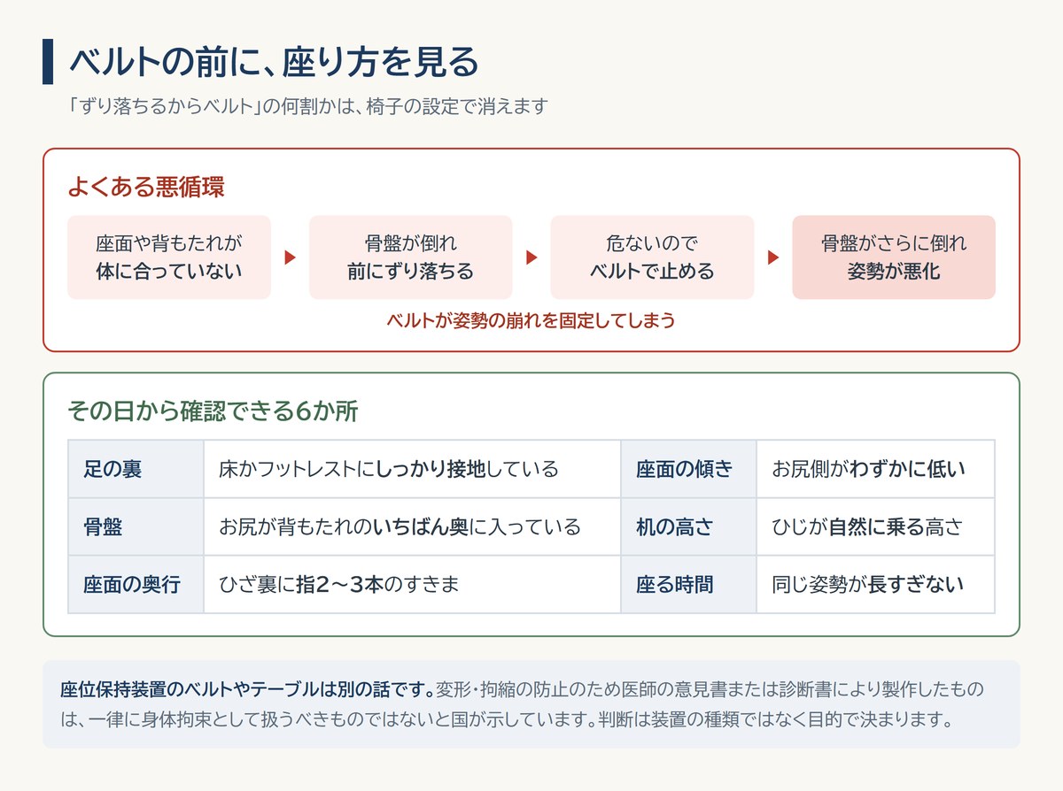 車いすのベルトにつながる悪循環とシーティングの確認6か所を示した図。足の裏の接地・骨盤の位置・座面の奥行と傾き・机の高さ・座る時間