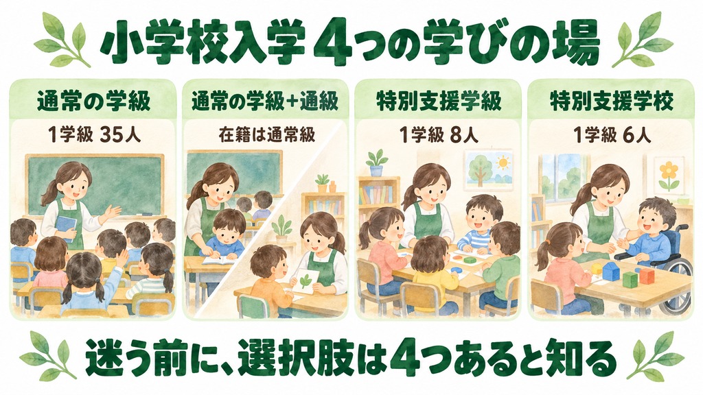 小学校入学の4つの学びの場。通常の学級は1学級35人、通常の学級＋通級は在籍が通常級、特別支援学級は8人、特別支援学校は6人