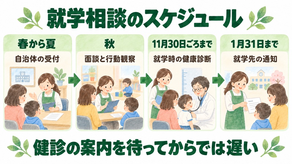 就学相談のスケジュール。春から夏に自治体の受付、秋に面談と行動観察、11月30日ごろまでに就学時の健康診断、1月31日までに就学先の通知