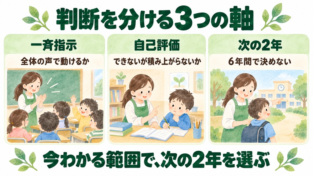 判断を分ける3つの軸。一斉指示で動けるか、自己評価が下がらないか、次の2年で考える