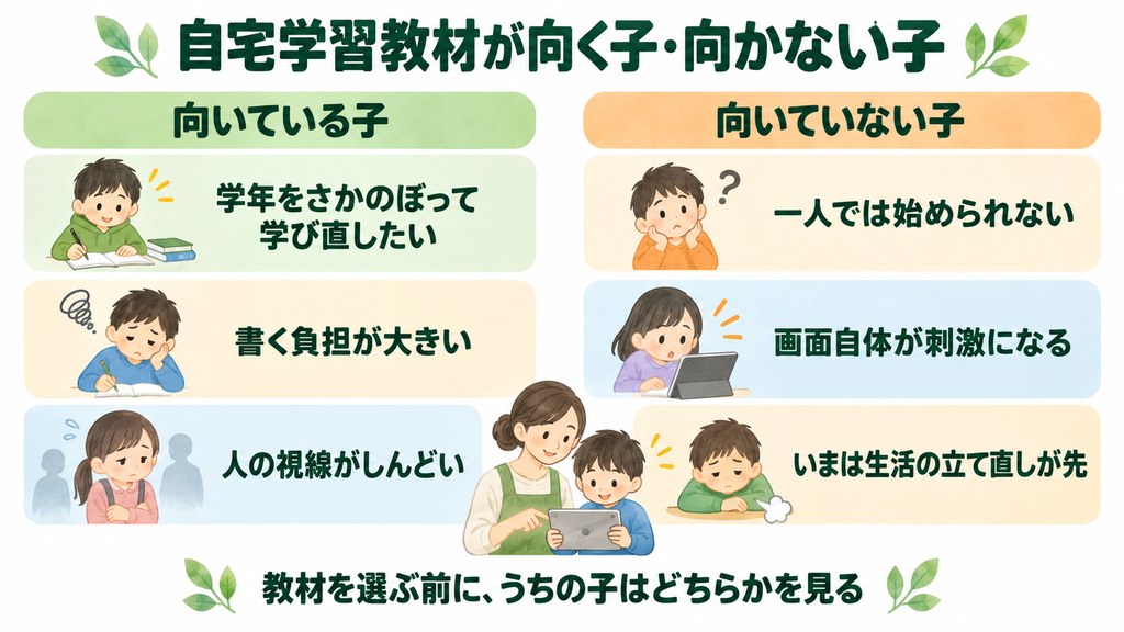 自宅学習教材が向いている子と向いていない子を比べた図解