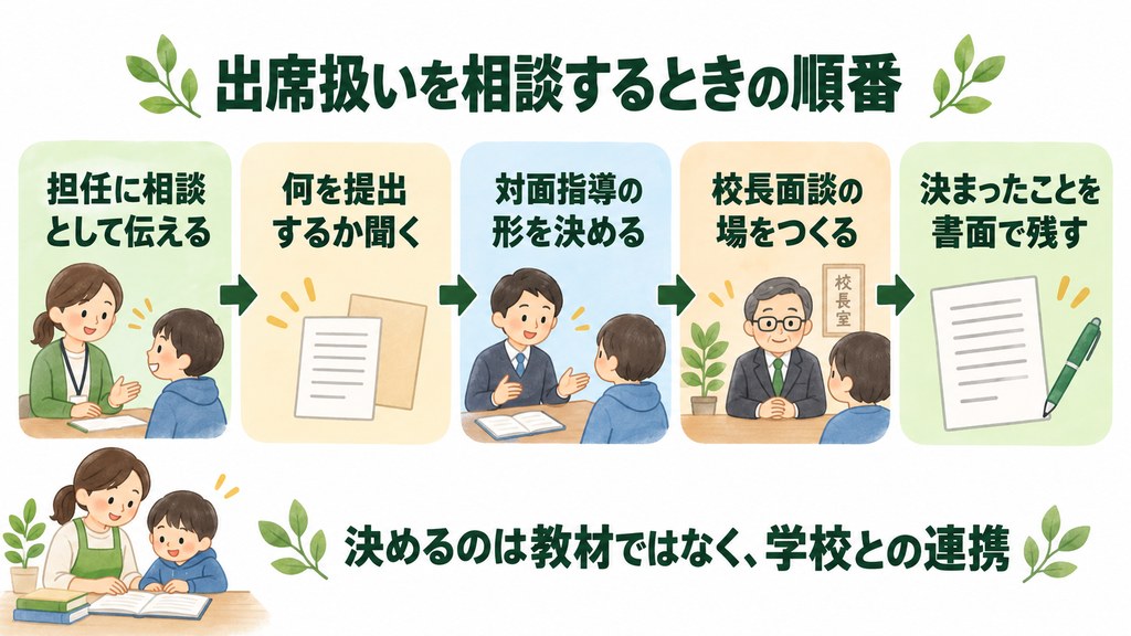 不登校の出席扱いを学校に相談する5ステップの図解