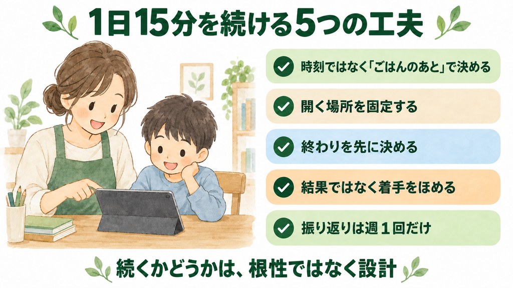 家庭学習を1日15分続けるための5つの工夫を示した図解