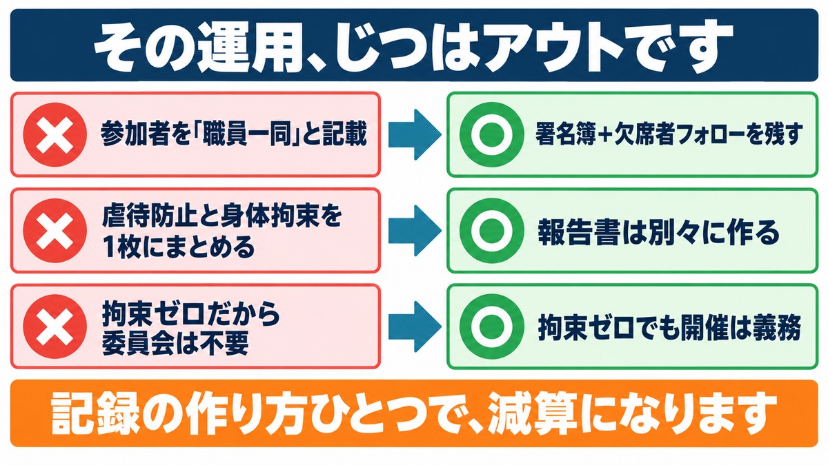 研修記録のよくあるNG運用と正しい運用の比較(職員一同の記載・報告書の一体化・拘束ゼロでの委員会未開催)