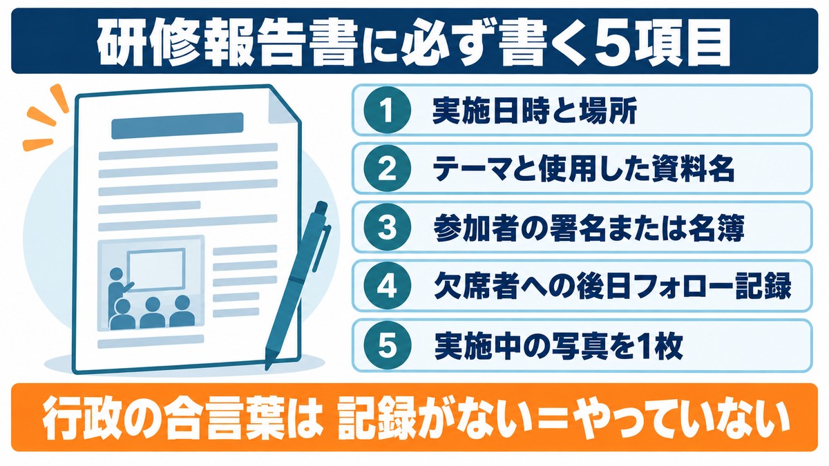 研修報告書に必ず書く5項目(実施日時と場所・テーマと使用資料名・参加者の署名または名簿・欠席者への後日フォロー記録・実施中の写真)