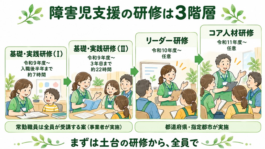 障害児支援の研修は3階層：基礎・実践研修（Ⅰ）（Ⅱ）は令和9年度、リーダー研修は令和10年度、コア人材研修は令和11年度から導入予定