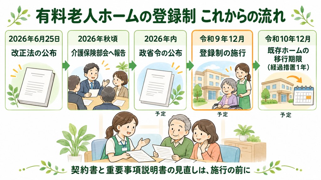 有料老人ホームの登録制のこれからの流れ：2026年6月25日改正法公布、2026年秋頃介護保険部会へ報告、2026年内政省令公布、令和9年12月登録制の施行、令和10年12月既存ホームの移行期限（経過措置1年）