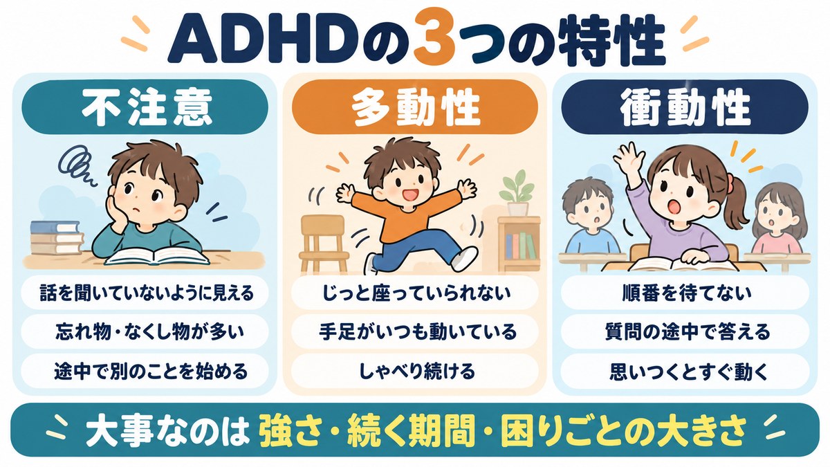 ADHDの3つの特性の図。不注意は忘れ物やなくし物が多い、多動性はじっと座っていられない、衝動性は順番を待てない・思いつくとすぐ動く