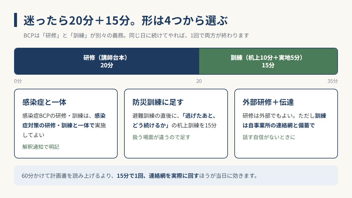 BCP研修・訓練の4つの形（20分研修＋15分訓練・感染症と一体・防災訓練に足す・外部研修と伝達）の図