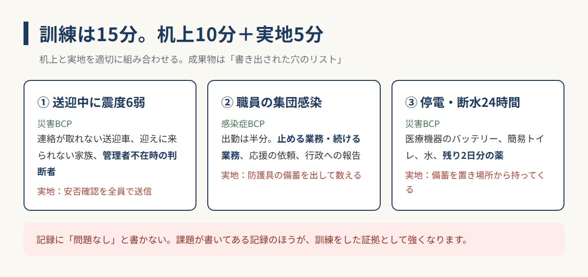 15分でできるBCP訓練シナリオ3本（地震・集団感染・停電断水）の図