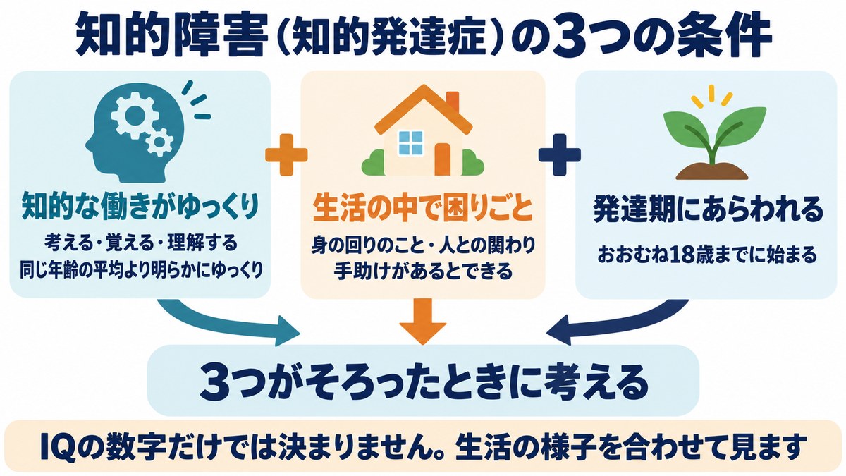 知的障害（知的発達症）の3つの条件の図。知的な働きがゆっくり、生活の中で困りごと、発達期にあらわれる。3つがそろったときに考える