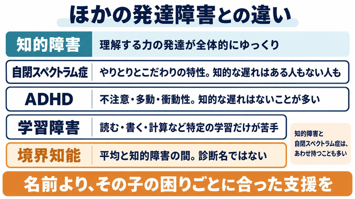 知的障害と自閉スペクトラム症・ADHD・学習障害・境界知能の違いの図