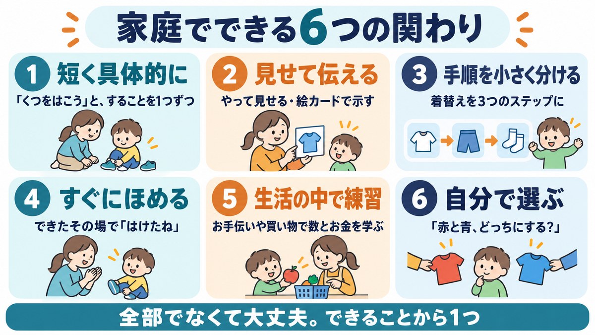 家庭でできる6つの関わりの図。短く具体的に、見せて伝える、手順を小さく分ける、すぐにほめる、生活の中で練習、自分で選ぶ