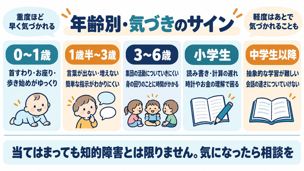 知的障害の年齢別の気づきのサインの図。0〜1歳、1歳半〜3歳、3〜6歳、小学生、中学生以降