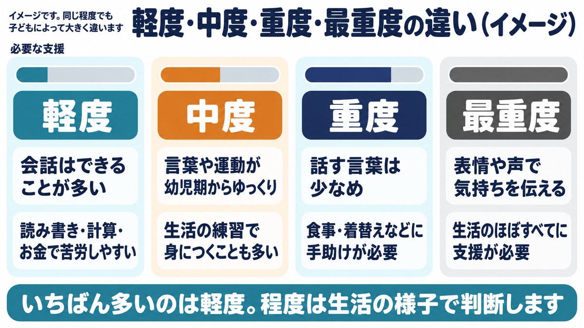 軽度・中度・重度・最重度の違いのイメージ図。程度ごとの子どもの様子と必要な支援の大きさ